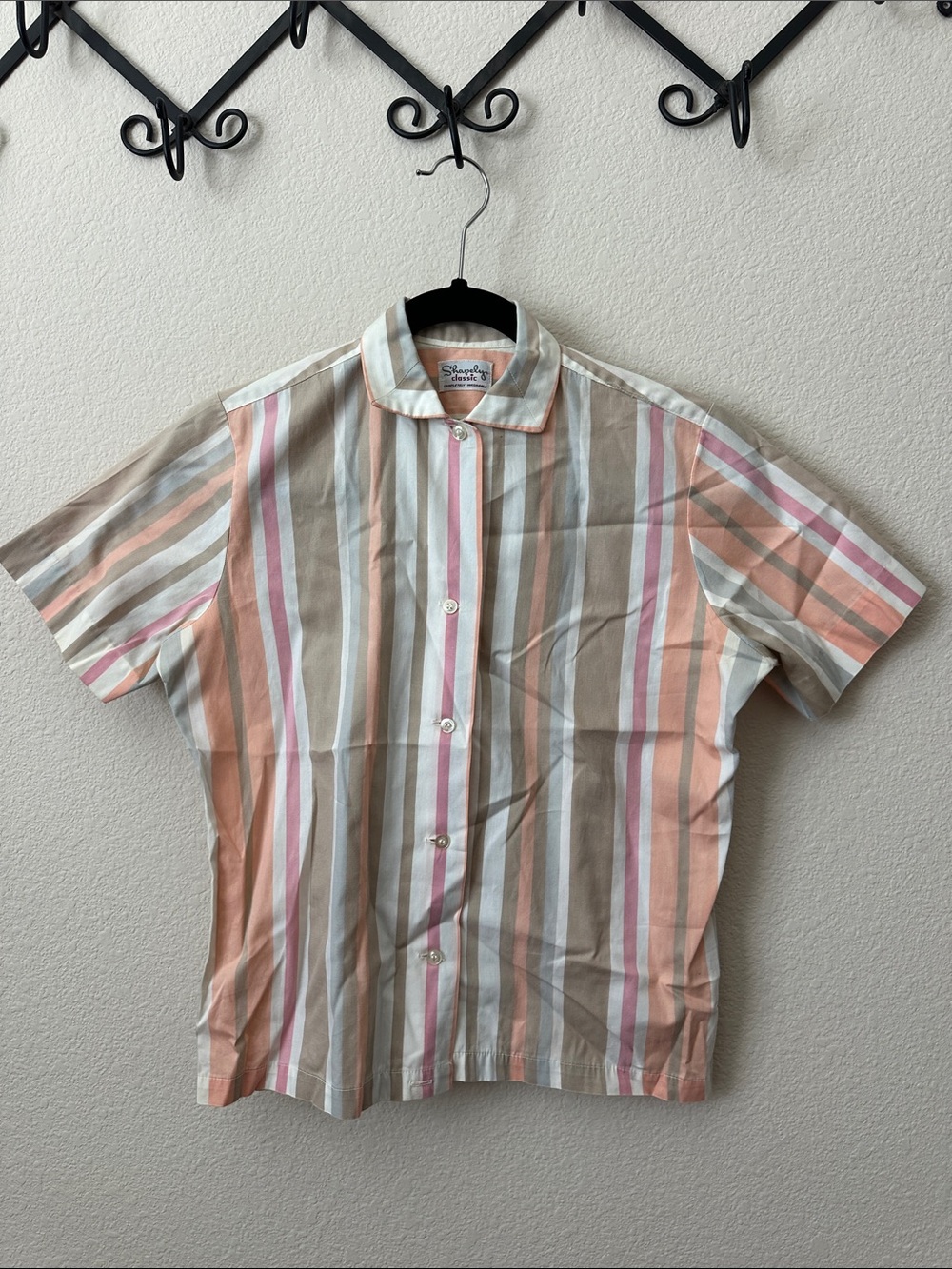 Vintage Shapely Classic Striped Short Sleeve Shirt - Beige Pink White